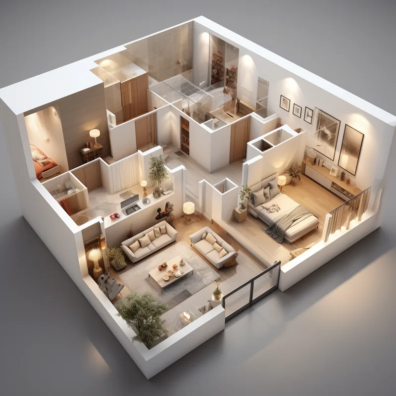 Vue 3D d’un aménagement intérieur